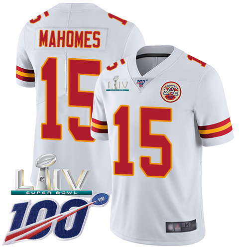 Chiefs #15 Patrick Mahomes White Super Bowl LIV 2020 Men's Stitched 100th Season Vapor Untouchable Limited Jersey cheap jerseys for sale - CheapJerseys.Shop