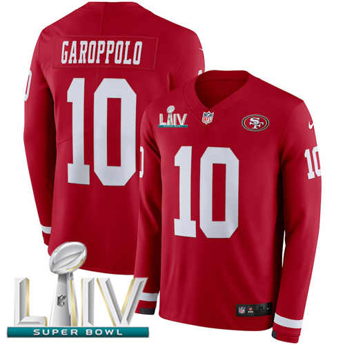 49ers #10 Jimmy Garoppolo Red Super Bowl LIV 2020 Team Color Youth Stitched Limited Therma Long Sleeve Jersey cheap jerseys for sale - CheapJerseys.Shop