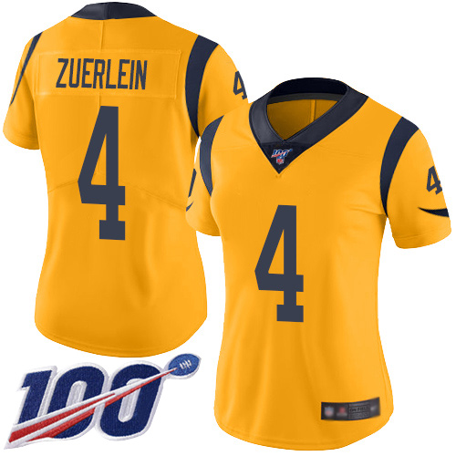 Los Angeles Rams #4 Greg Zuerlein Gold Women's Stitched Limited Rush 100th Season Jersey Womens cheap jerseys for sale - CheapJerseys.Shop
