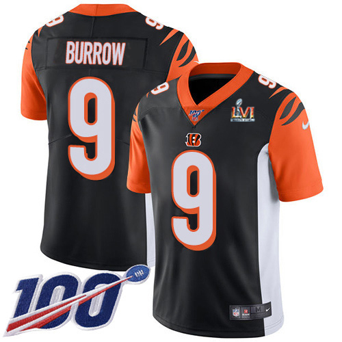 Bengals #9 Joe Burrow Black Team Color Super Bowl LVI Patch Men's Stitched 100th Season Vapor Limited Jersey cheap jerseys for sale - CheapJerseys.Shop