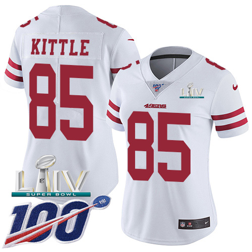 49ers #85 George Kittle White Super Bowl LIV 2020 Women's Stitched 100th Season Vapor Limited Jersey cheap jerseys for sale - CheapJerseys.Shop
