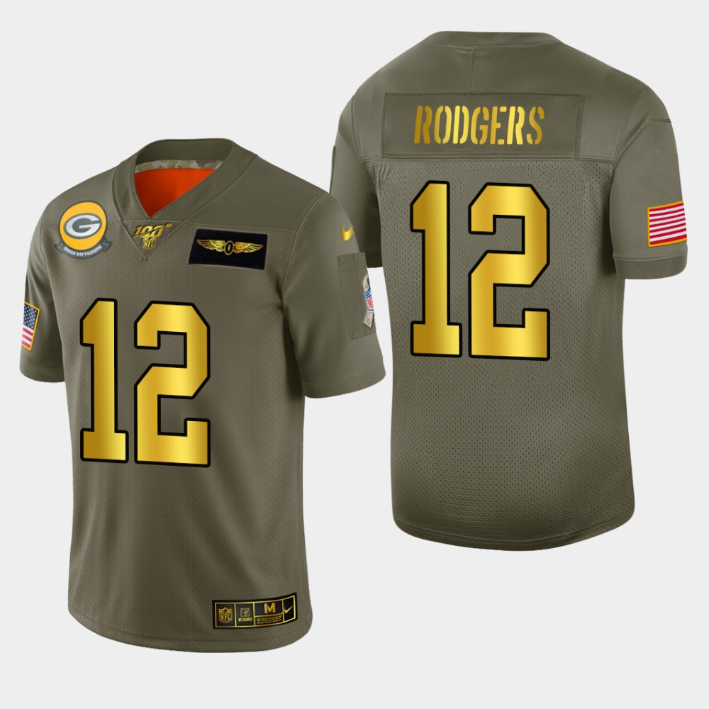 Packers #12 Aaron Rodgers Men's Olive Gold 2019 Salute To Service 100 Limited Jersey cheap jerseys for sale - CheapJerseys.Shop
