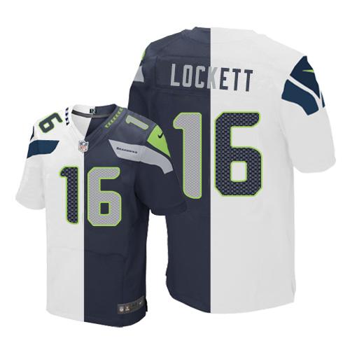 Seahawks #16 Tyler Lockett White/Steel Blue Men's Stitched Elite Split Jersey cheap jerseys for sale - CheapJerseys.Shop