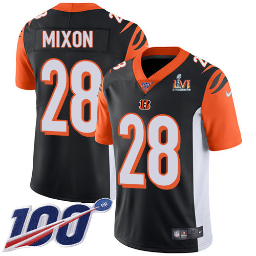 Bengals #28 Joe Mixon Black Team Color Super Bowl LVI Patch Youth Stitched 100th Season Vapor Limited Jersey cheap jerseys for sale - CheapJerseys.Shop