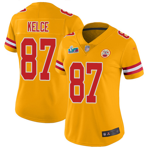 Chiefs #87 Travis Kelce Gold Super Bowl LVII Patch Women's Stitched Limited Inverted Legend Jersey cheap jerseys for sale - CheapJerseys.Shop