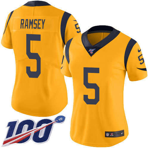 Rams #5 Jalen Ramsey Gold Women's Stitched Limited Rush 100th Season Jersey cheap jerseys for sale - CheapJerseys.Shop