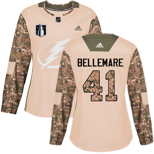 Tampa Bay Lightning #41 Pierre-Edouard Bellemare Camo Women's Authentic 2022 Stanley Cup Final Patch Veterans Day Stitched Jersey Womens cheap jerseys for sale - CheapJerseys.Shop