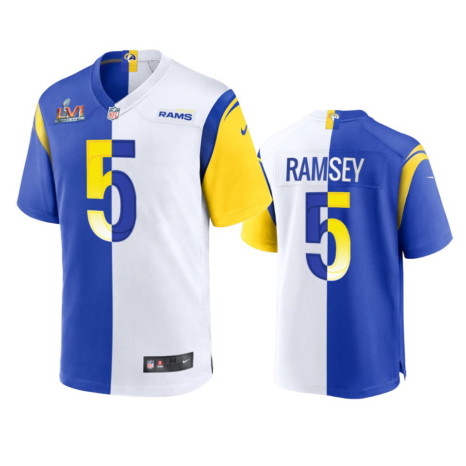 Los Angeles Rams #5 Jalen Ramsey Men's Super Bowl LVI Patch Royal White Split Game Limited Jersey cheap jerseys for sale - CheapJerseys.Shop
