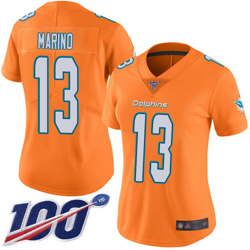 Dolphins #13 Dan Marino Orange Women's Stitched Limited Rush 100th Season Jersey cheap jerseys for sale - CheapJerseys.Shop