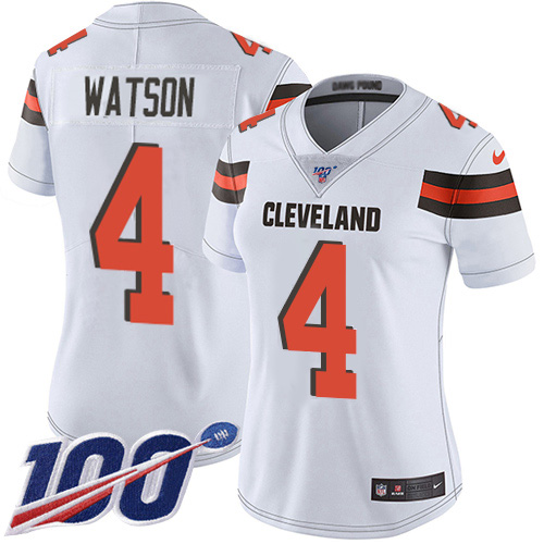 Browns #4 Deshaun Watson White Women's Stitched 100th Season Vapor Limited Jersey cheap jerseys for sale - CheapJerseys.Shop