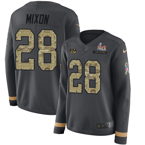 Bengals #28 Joe Mixon Anthracite Super Bowl LVI Patch Salute To Service Women's Stitched Limited Therma Long Sleeve Jersey cheap jerseys for sale - CheapJerseys.Shop