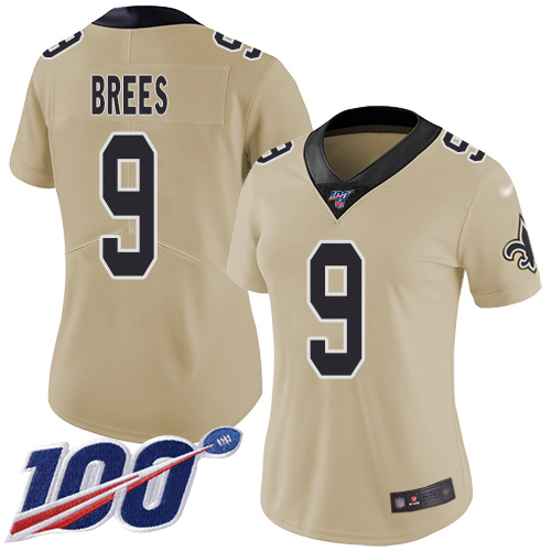 Saints #9 Drew Brees Gold Women's Stitched Limited Inverted Legend 100th Season Jersey cheap jerseys for sale - CheapJerseys.Shop