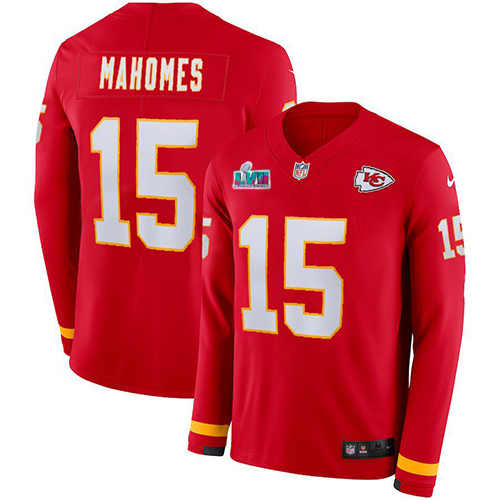 Chiefs #15 Patrick Mahomes Red Team Color Super Bowl LVII Patch Men's Stitched Limited Therma Long Sleeve Jersey cheap jerseys for sale - CheapJerseys.Shop