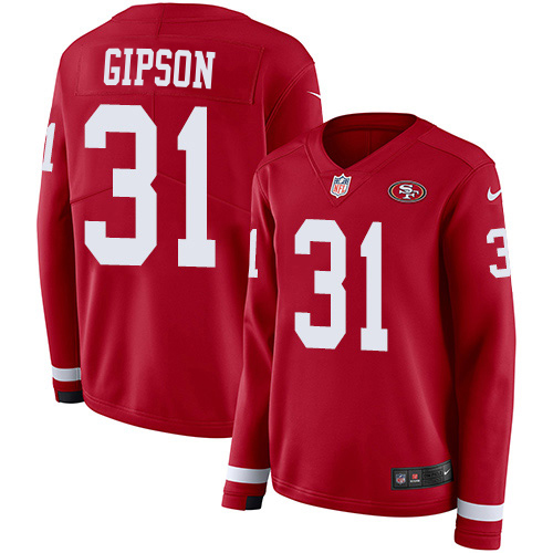 49ers #31 Tashaun Gipson Red Team Color Women's Stitched Limited Therma Long Sleeve Jersey cheap jerseys for sale - CheapJerseys.Shop