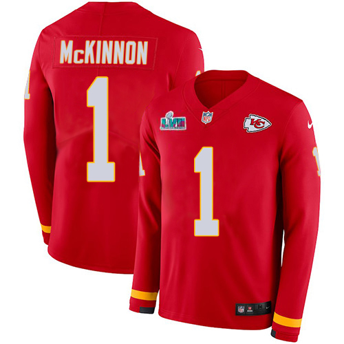 Chiefs #1 Jerick McKinnon Red Team Color Super Bowl LVII Patch Youth Stitched Limited Therma Long Sleeve Jersey cheap jerseys for sale - CheapJerseys.Shop