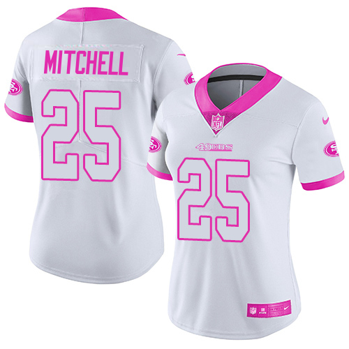 49ers #25 Elijah Mitchell White/Pink Women's Stitched Limited Rush Fashion Jersey cheap jerseys for sale - CheapJerseys.Shop
