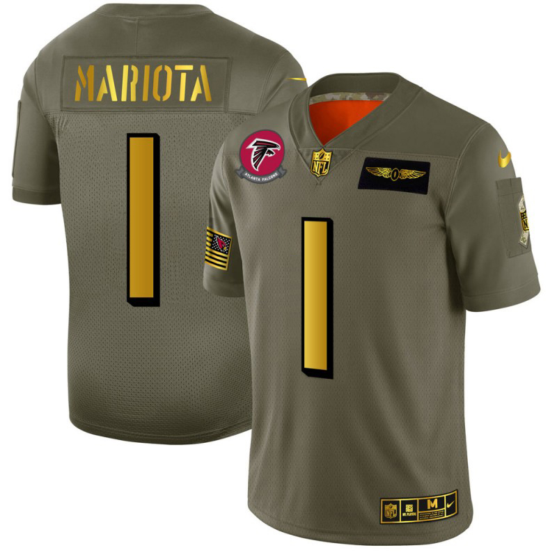 Atlanta Falcons #1 Marcus Mariota Men's Olive Gold 2019 Salute To Service Limited Jersey cheap jerseys for sale - CheapJerseys.Shop