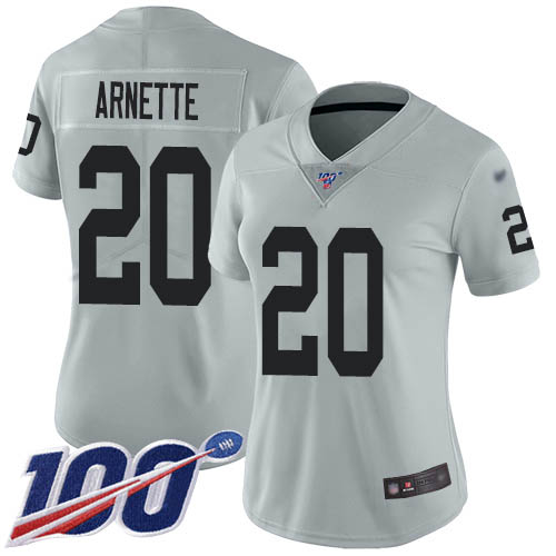 Las Vegas Raiders #20 Damon Arnette Silver Women's Stitched Limited Inverted Legend 100th Season Jersey Womens cheap jerseys for sale - CheapJerseys.Shop