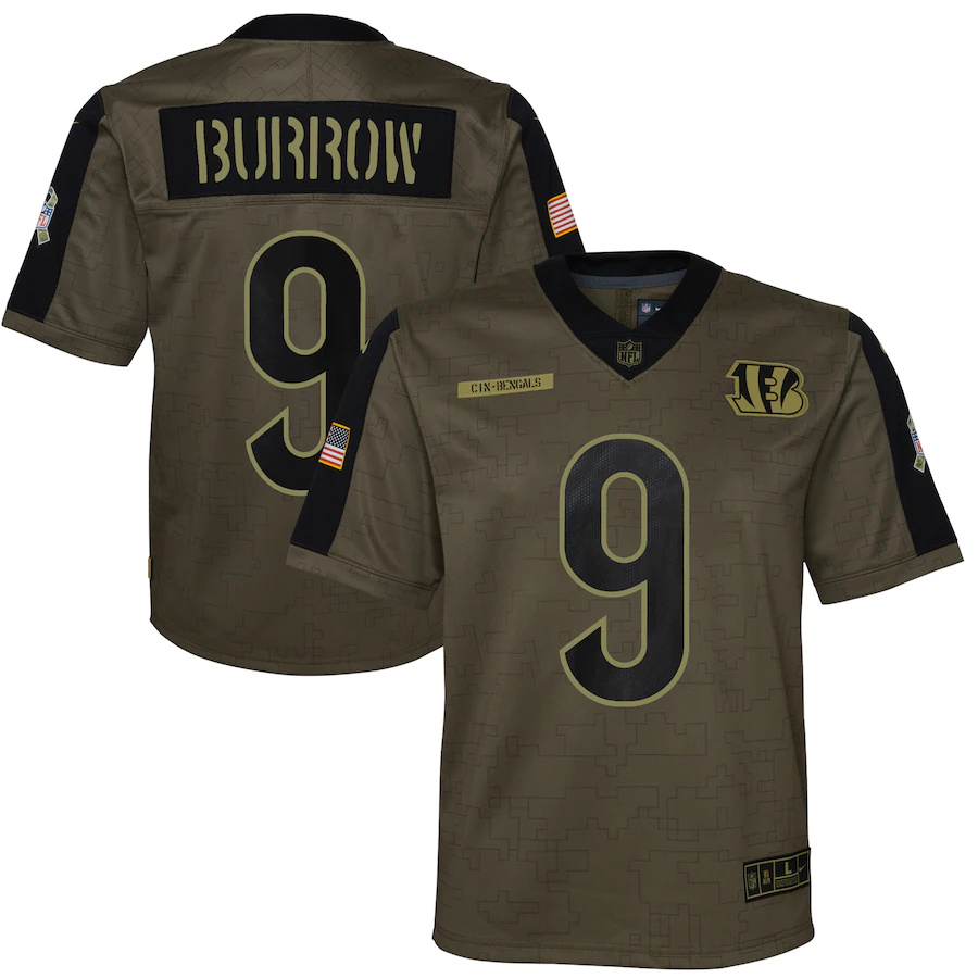 Cincinnati Bengals #9 Joe Burrow Olive Youth 2021 Salute To Service Game Jersey cheap jerseys for sale - CheapJerseys.Shop