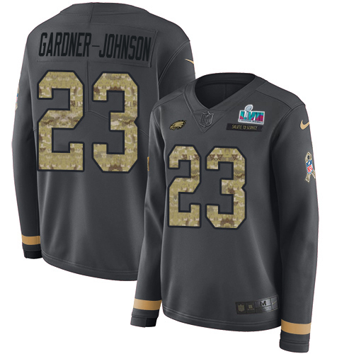 Eagles #23 C.J. Gardner-Johnson Anthracite Salute To Service Super Bowl LVII Patch Women's Stitched Limited Therma Long Sleeve Jersey cheap jerseys for sale - CheapJerseys.Shop