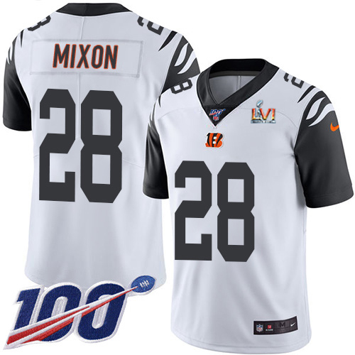 Bengals #28 Joe Mixon White Super Bowl LVI Patch Youth Stitched Limited Rush 100th Season Jersey cheap jerseys for sale - CheapJerseys.Shop