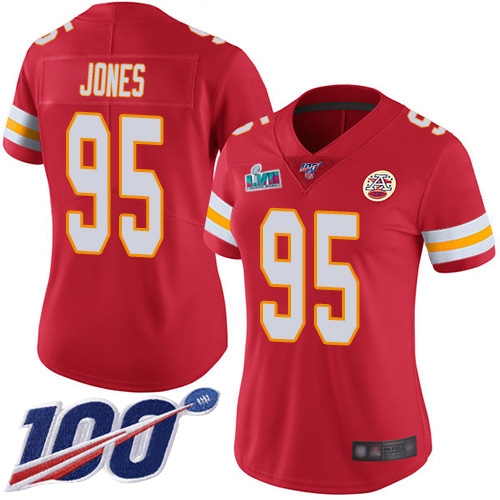 Chiefs #95 Chris Jones Red Team Color Super Bowl LVII Patch Women's Stitched 100th Season Vapor Limited Jersey cheap jerseys for sale - CheapJerseys.Shop