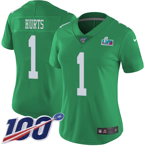 Eagles #1 Jalen Hurts Green Super Bowl LVII Patch Women's Stitched Limited Rush 100th Season Jersey cheap jerseys for sale - CheapJerseys.Shop