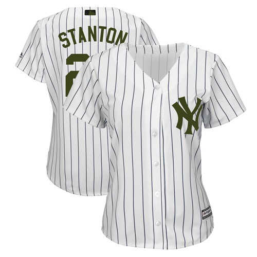 New York Yankees #27 Giancarlo Stanton White Strip 2018 Memorial Day Cool Base Women's Stitched Jersey Womens cheap jerseys for sale - CheapJerseys.Shop