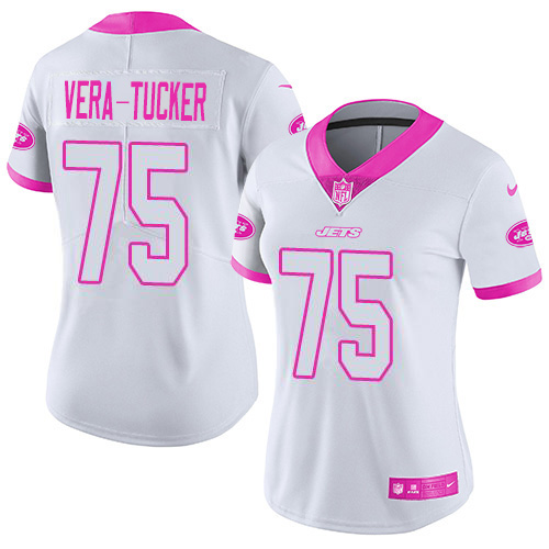 New York Jets #75 Alijah Vera-Tucker White/Pink Women's Stitched Limited Rush Fashion Jersey Womens cheap jerseys for sale - CheapJerseys.Shop