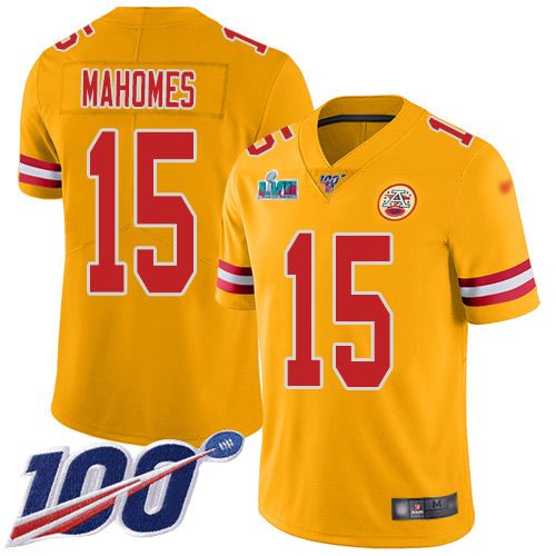 Chiefs #15 Patrick Mahomes Gold Super Bowl LVII Patch Men's Stitched Limited Inverted Legend 100th Season Jersey cheap jerseys for sale - CheapJerseys.Shop