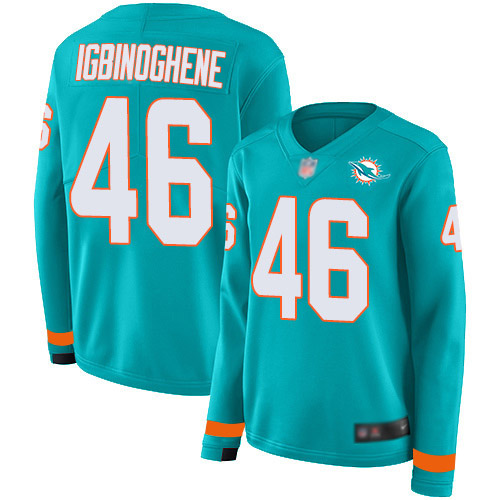 Miami Dolphins #46 Noah Igbinoghene Aqua Green Team Color Women's Stitched Limited Therma Long Sleeve Jersey Womens cheap jerseys for sale - CheapJerseys.Shop