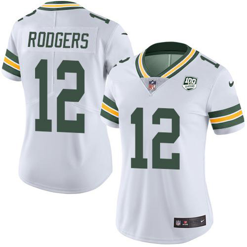 Packers #12 Aaron Rodgers White Women's 100th Season Stitched Vapor Untouchable Limited Jersey cheap jerseys for sale - CheapJerseys.Shop