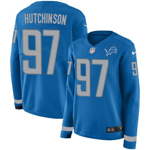 Lions #97 Aidan Hutchinson Blue Team Color Women's Stitched Limited Therma Long Sleeve Jersey cheap jerseys for sale - CheapJerseys.Shop