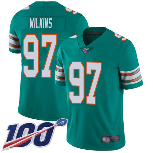 Miami Dolphins #97 Christian Wilkins Aqua Green Alternate Men's Stitched 100th Season Vapor Limited Jersey Men's cheap jerseys for sale - CheapJerseys.Shop