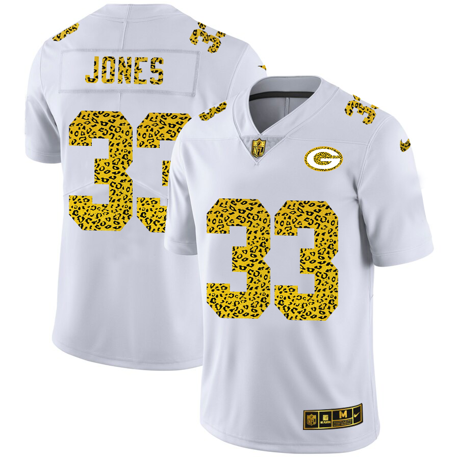 Green Bay Packers #33 Aaron Jones Men's Flocked Leopard Print Vapor Limited Jersey White cheap jerseys for sale - CheapJerseys.Shop