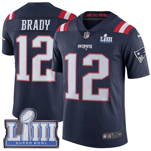 Patriots #12 Tom Brady Navy Blue Super Bowl LIII Bound Men's Stitched Limited Rush Jersey cheap jerseys for sale - CheapJerseys.Shop