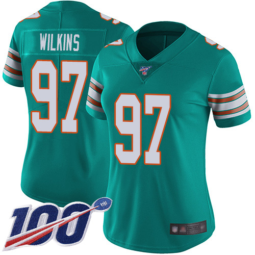 Miami Dolphins #97 Christian Wilkins Aqua Green Alternate Women's Stitched 100th Season Vapor Limited Jersey Womens cheap jerseys for sale - CheapJerseys.Shop