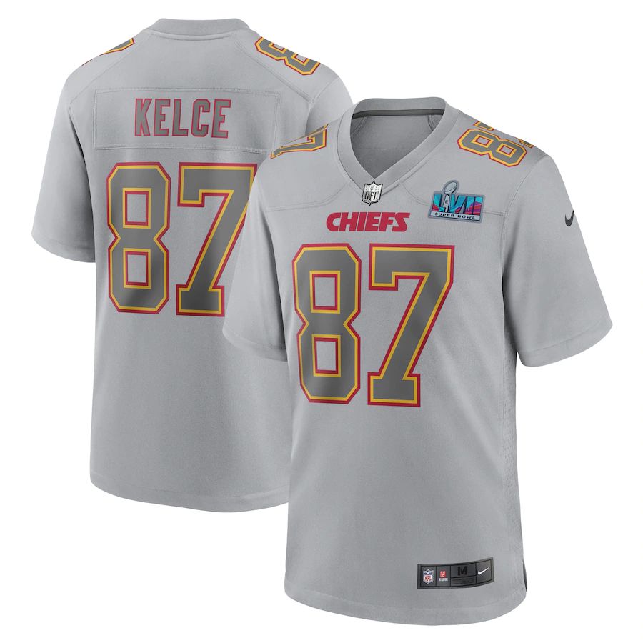 Chiefs #87 Travis Kelce Youth Super Bowl LVII Patch Atmosphere Fashion Game Jersey - Gray cheap jerseys for sale - CheapJerseys.Shop