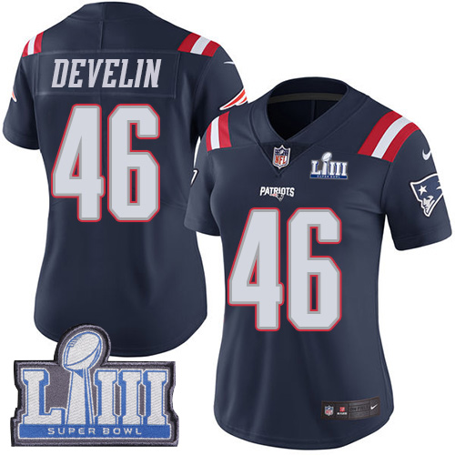 New England Patriots #46 James Develin Navy Blue Super Bowl LIII Bound Women's Stitched Limited Rush Jersey Womens cheap jerseys for sale - CheapJerseys.Shop