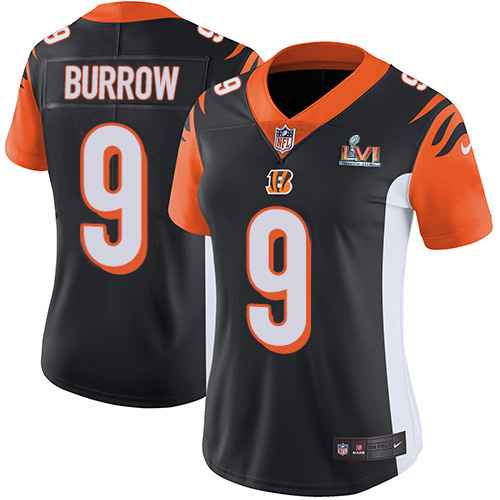 Bengals #9 Joe Burrow Black Team Color Super Bowl LVI Patch Women's Stitched Vapor Untouchable Limited Jersey cheap jerseys for sale - CheapJerseys.Shop