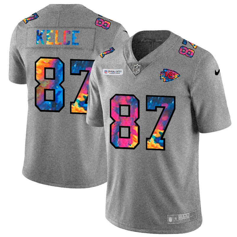 Kansas City Chiefs #87 Travis Kelce Men's Multi-Color 2020 Crucial Catch Jersey Greyheather cheap jerseys for sale - CheapJerseys.Shop