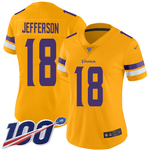 Vikings #18 Justin Jefferson Gold Women's Stitched Limited Inverted Legend 100th Season Jersey cheap jerseys for sale - CheapJerseys.Shop