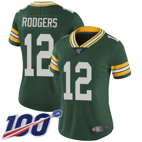 Packers #12 Aaron Rodgers Green Team Color Women's Stitched 100th Season Vapor Limited Jersey cheap jerseys for sale - CheapJerseys.Shop