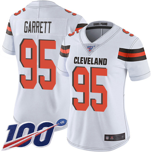 Browns #95 Myles Garrett White Women's Stitched 100th Season Vapor Limited Jersey cheap jerseys for sale - CheapJerseys.Shop