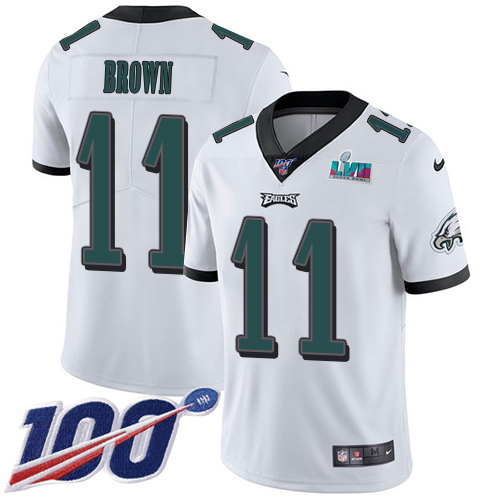 Eagles #11 A.J. Brown White Super Bowl LVII Patch Men's Stitched 100th Season Vapor Untouchable Limited Jersey cheap jerseys for sale - CheapJerseys.Shop