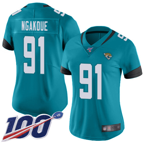 Jacksonville Jaguars #91 Yannick Ngakoue Teal Green Alternate Women's Stitched 100th Season Vapor Limited Jersey Womens cheap jerseys for sale - CheapJerseys.Shop