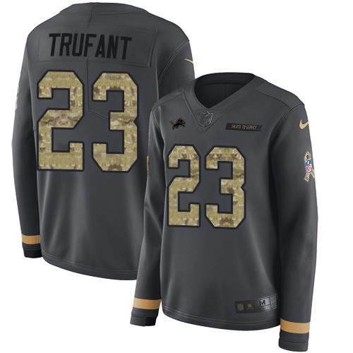 Detroit Lions #23 Desmond Trufant Anthracite Salute to Service Women's Stitched Limited Therma Long Sleeve Jersey Womens cheap jerseys for sale - CheapJerseys.Shop