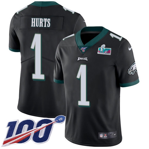Eagles #1 Jalen Hurts Black Super Bowl LVII Patch Alternate Men's Stitched 100th Season Vapor Limited Jersey cheap jerseys for sale - CheapJerseys.Shop