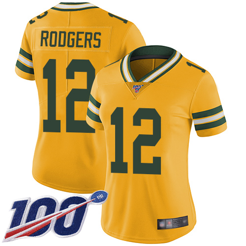 Packers #12 Aaron Rodgers Yellow Women's Stitched Limited Rush 100th Season Jersey cheap jerseys for sale - CheapJerseys.Shop