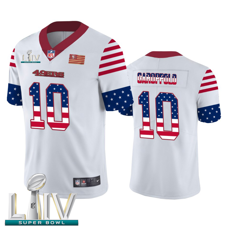 San Francisco 49ers #10 Jimmy Garoppolo White Super Bowl LIV 2020 Men's Team Logo USA Flag Vapor Untouchable Limited Jersey cheap jerseys for sale - CheapJerseys.Shop